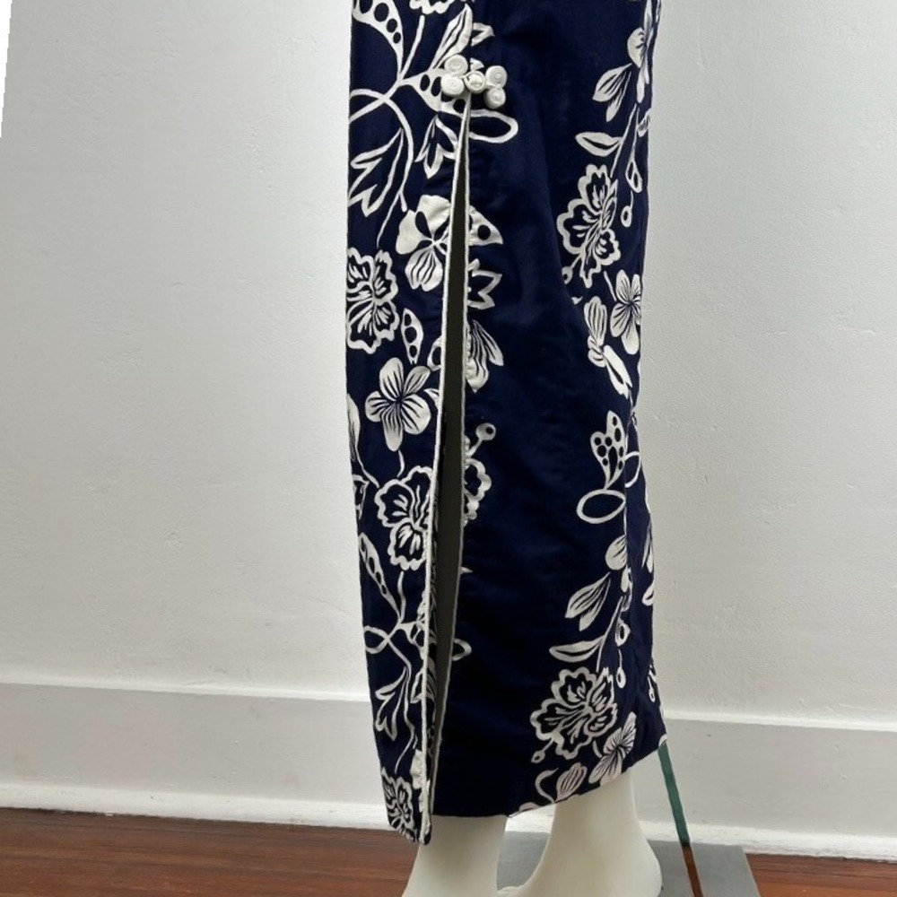 VTG 60Ss 70s Hawaiian Maxi Dress Floral White Navy Blue Side Slits Cotton SZ S - Picture 12 of 16
